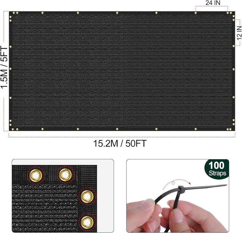 phepetroll 5 x 50FT Privacy Screen Fence Black Heavy Duty Mesh Fencing Shade Net Cover with Reinforced Bindings 100 Straps for Outdoor Chain Link Fence Patio Wall Garden Backyard, Black - Image 2